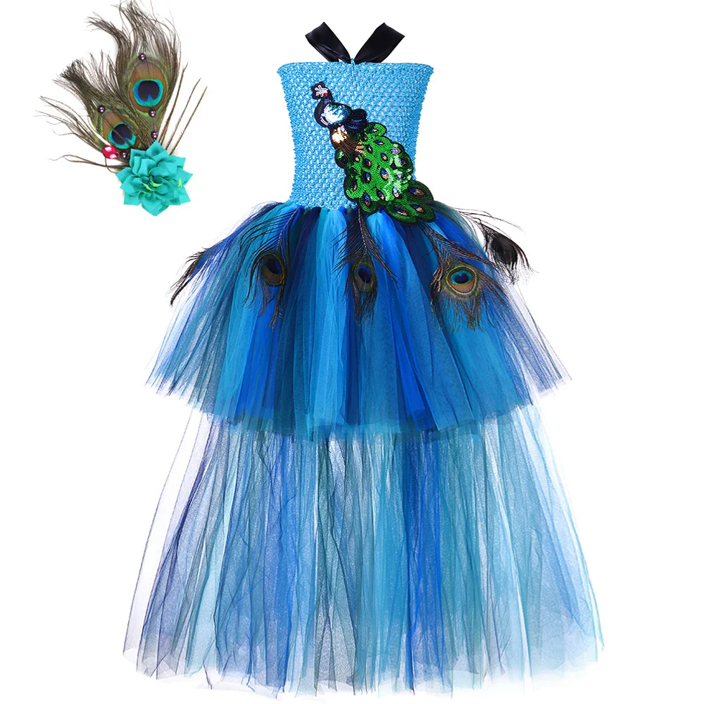 High Low Peacock Trailing Dresses for Girls Christmas Halloween Costumes Kids Birthday Evening Party Fancy Tutus with Long Tail