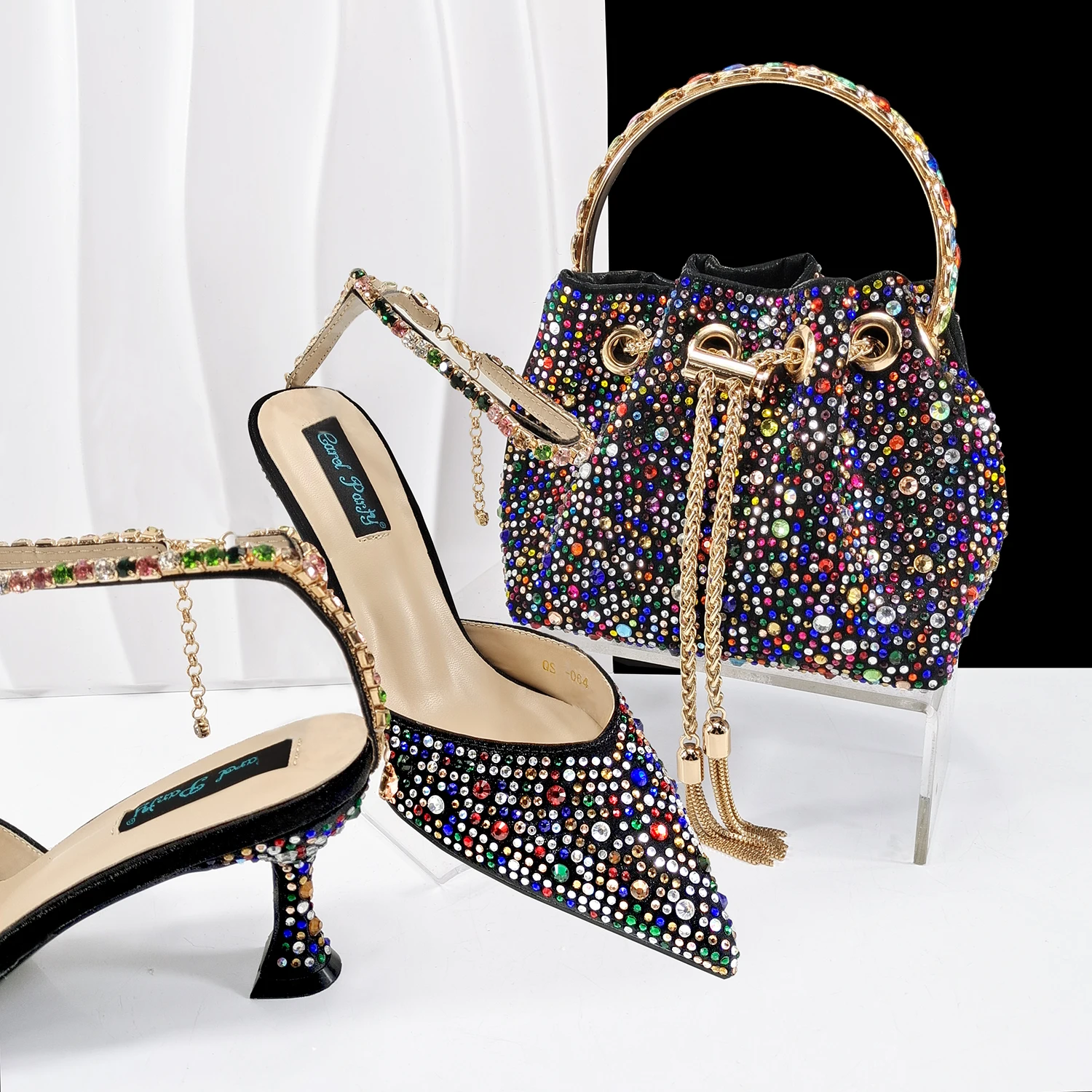 

New Arrival Hot Selling Elegant Style Full of Colorful Rhinestone Design Black Color Party Wedding Lady High Heels and Bag Set