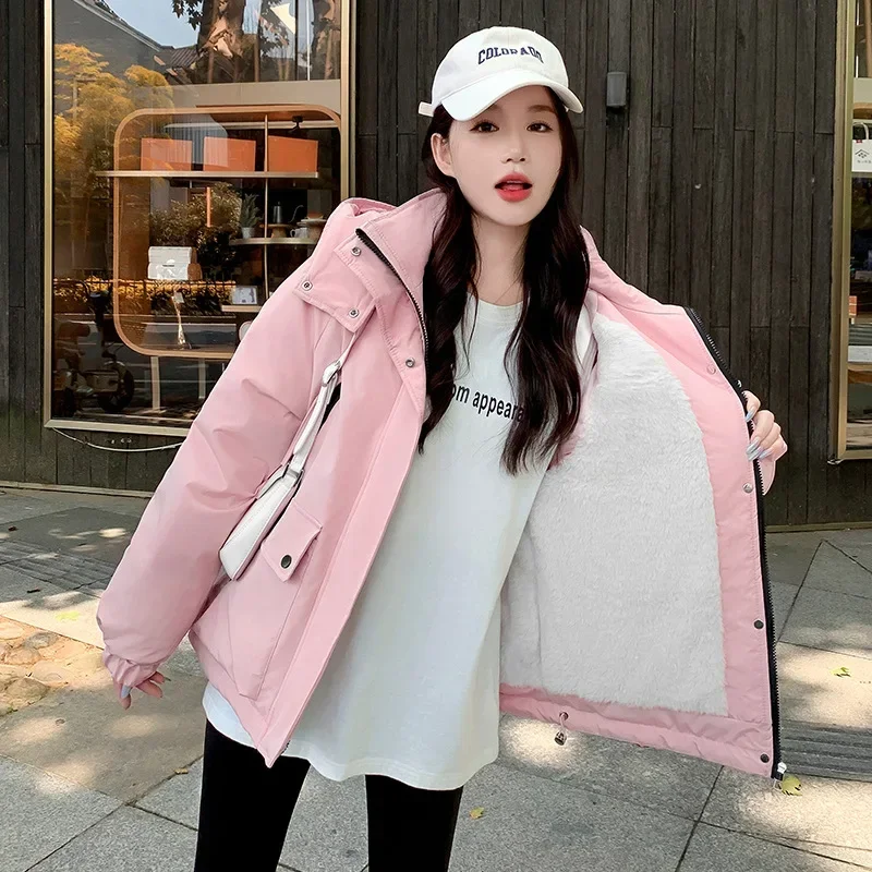 Autumn Winter Windproof Windbreaker Fleece Warm ParkaS Hooded Jacket Long Sleeve Outdoor Pockets Coat Loose Casual Tops Chic New