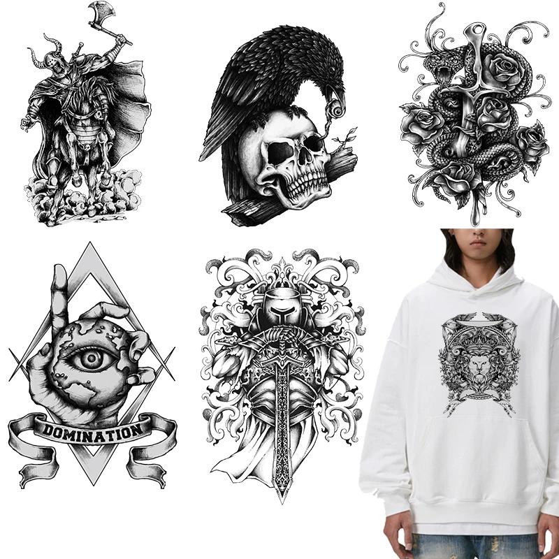 Fashion Street Black and White Punk Skull DTF Thermo Sticker Decals Heat Transfer On Clothes Iron On Patch For Press Printing