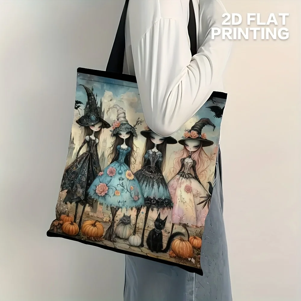 1 Stück Halloween-Einkaufstasche mit Hexenversammlung, Polyester, für Arbeit, Reisen, Umhängetasche, Einkaufen, täglicher Gebrauch, Halloween-Dekoration, Handtasche