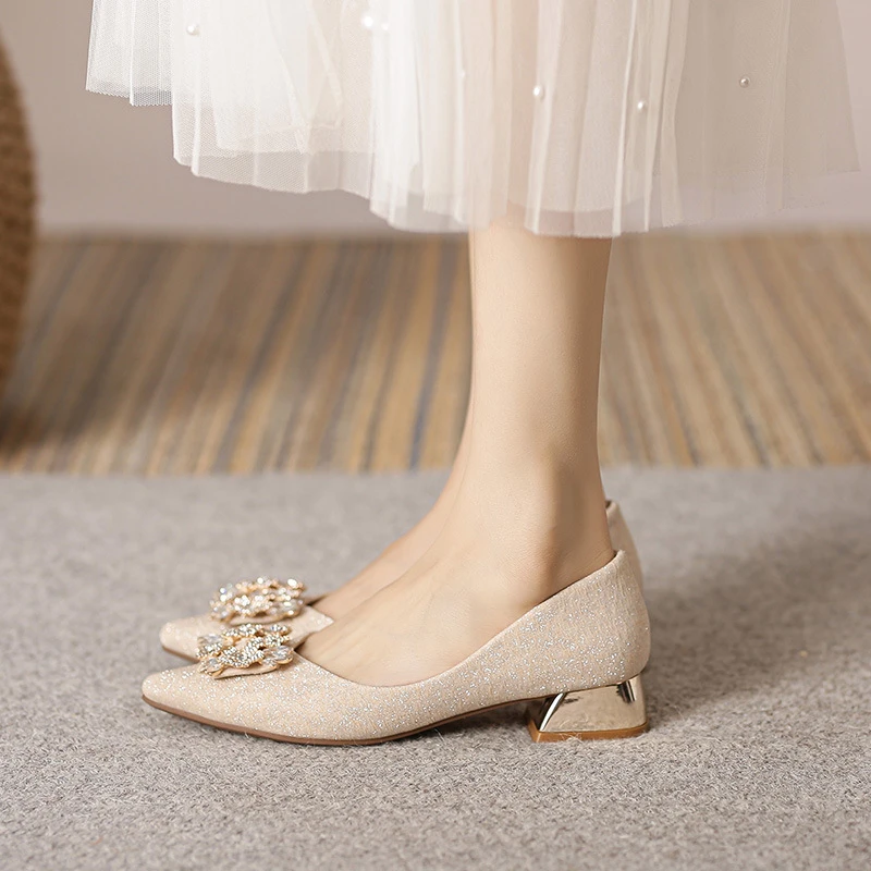 Womens Black Glitter Pointed Toe Block Heel Pumps With Crystal Pearl Buckle Detail Metallic Heel Elegant Dress Shoes Wedding