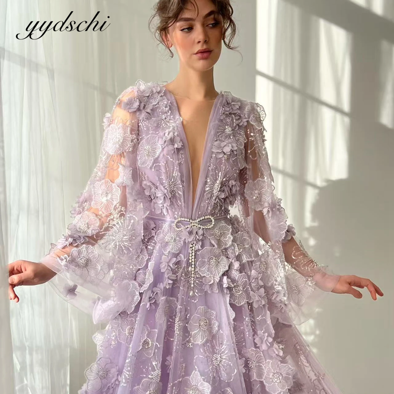 

Customized Sexy 3D Flower A-line gowns floral 2025 Luxury Evening Dresses Long Sleeves Lace Tulle V-neck Birthday Party Dress