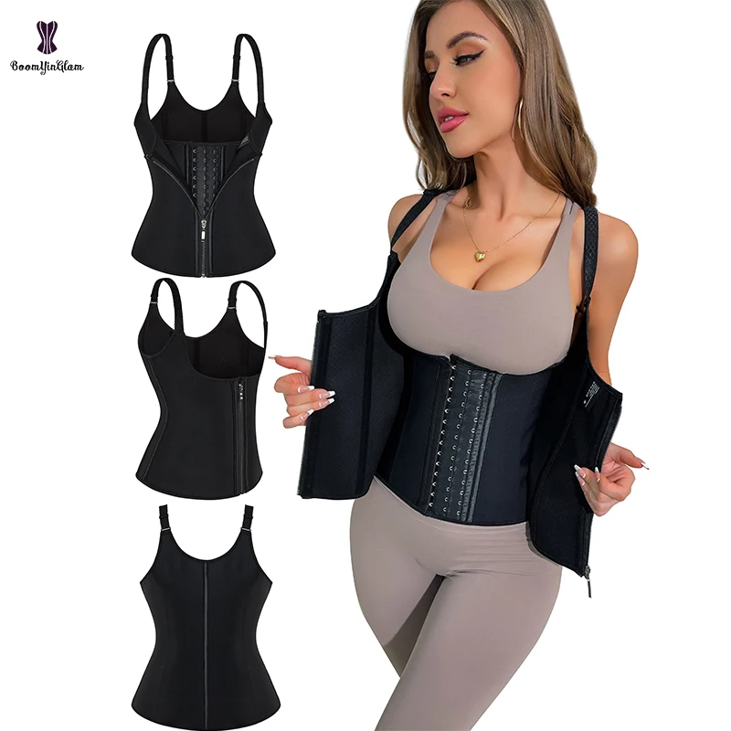 

Pushing Air Holes 9 Steel Bone Modeling Strap Women Corset Sleeveless Sweat Tank Top Waist Trainer Vest With Zip And Hook