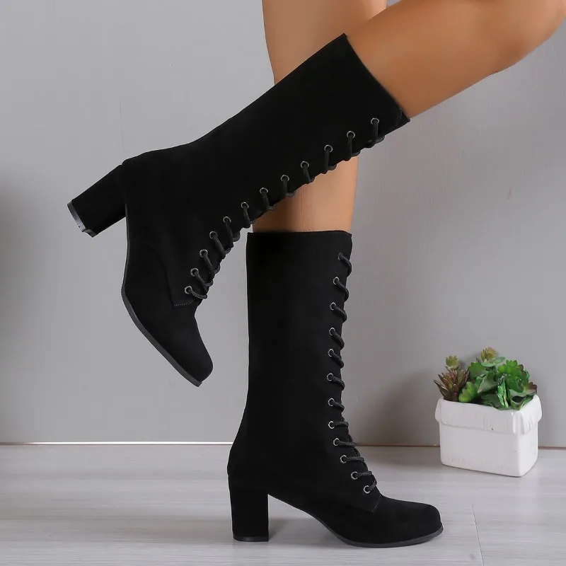 Womens Boots Fashion Vintage Lace-up Women Shoes Round Cowboy High Heels Booties 2024 Winter Vintage Retro Mid-Calf Thick Casual