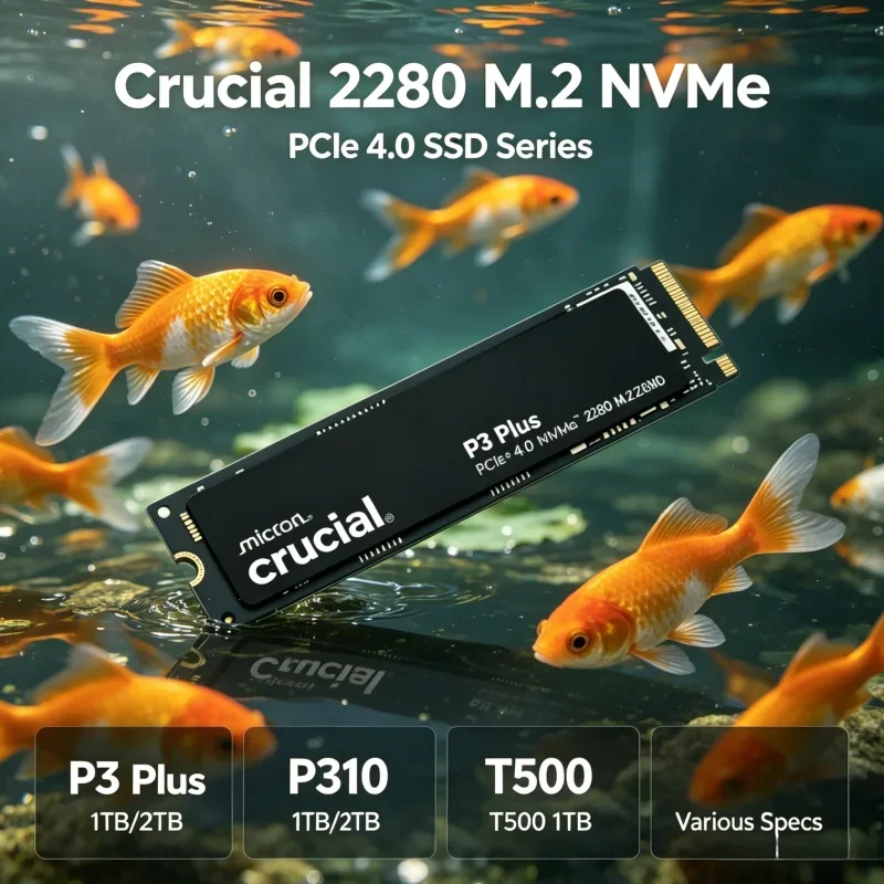 Unidades de estado sólido M.2 2280 PCIe 4.0 NVMe Crucial P3 Plus P310, T500 1TB/2TB, unidades internas en empaque OEM, ideales para computadoras en entornos diarios.