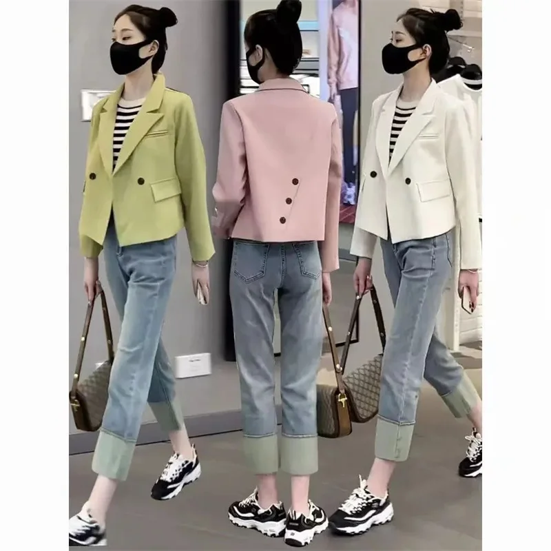 Short Blazer suit jacket Women's Spring And Autumn Clothing Female Outwear 2023 New European Design Sense Casual Suit Top Green