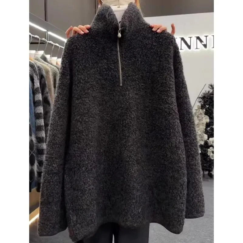 

Thiened Hoodie Zipper High Collar ex Comfortable Knitted Sweater Retro Sle Deep ey Large Size for Autumn Winter