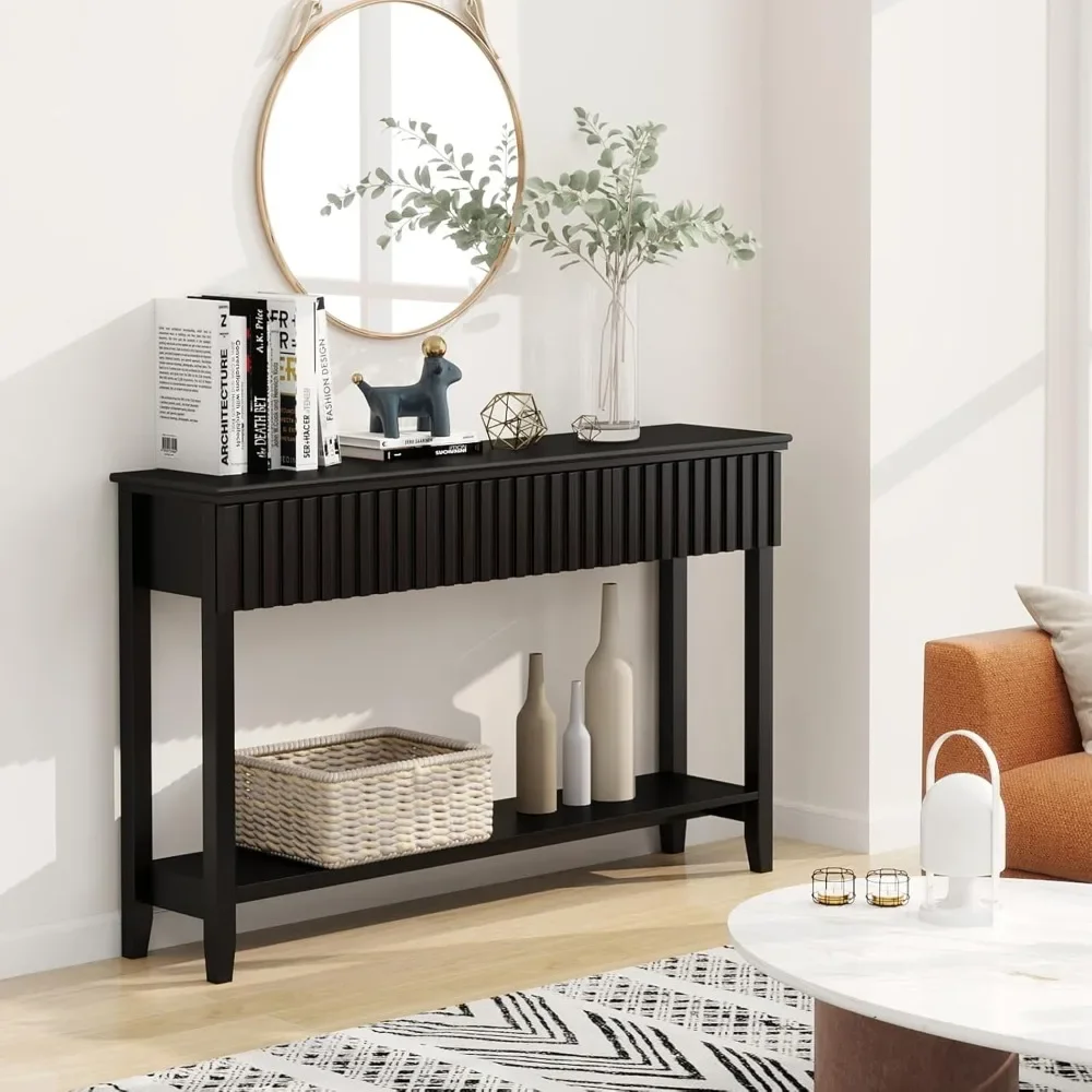 Narrow Long Sofa Table Modern Behind Couch Table Fluted Entryway Table with 3 Drawers and Open Storage Shelf for Living Room