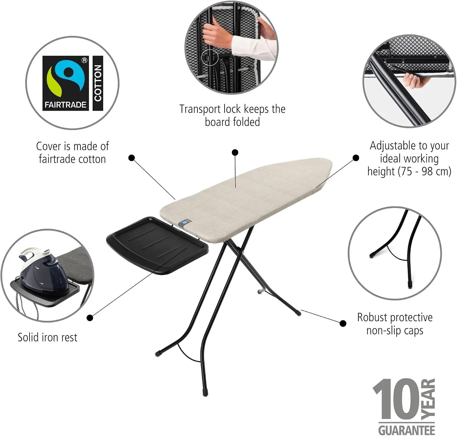 Brabantia XL Comfort Ironing Board with Solid Steam Generator Rest | Large (Size C) | Fairtrade Denim Gray Cover | Adjustable He