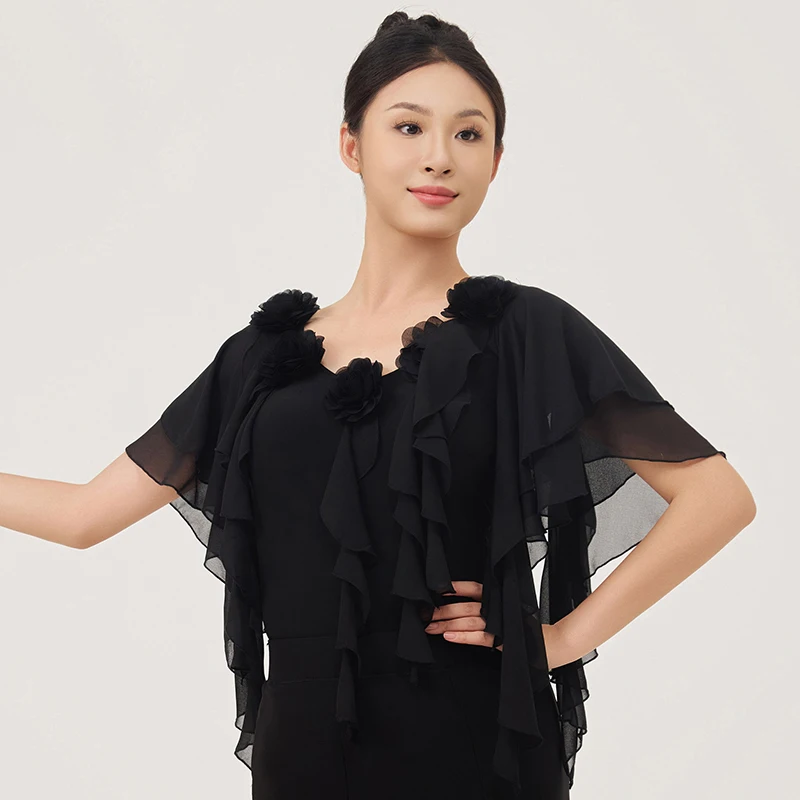 2025 大人モダンダンスパフォーマンス服メッシュフラワートップ女性のためのワルツタンゴラテン社交ダンス衣装着用 DN22393