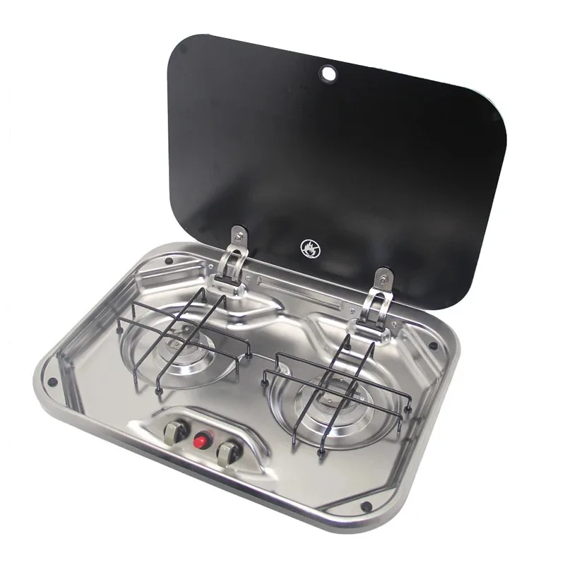 RV Accessories Portable Camper Caravan Gas Stove 2 Burners Folding Glass Lid  Gas Stove Cooker With Cover