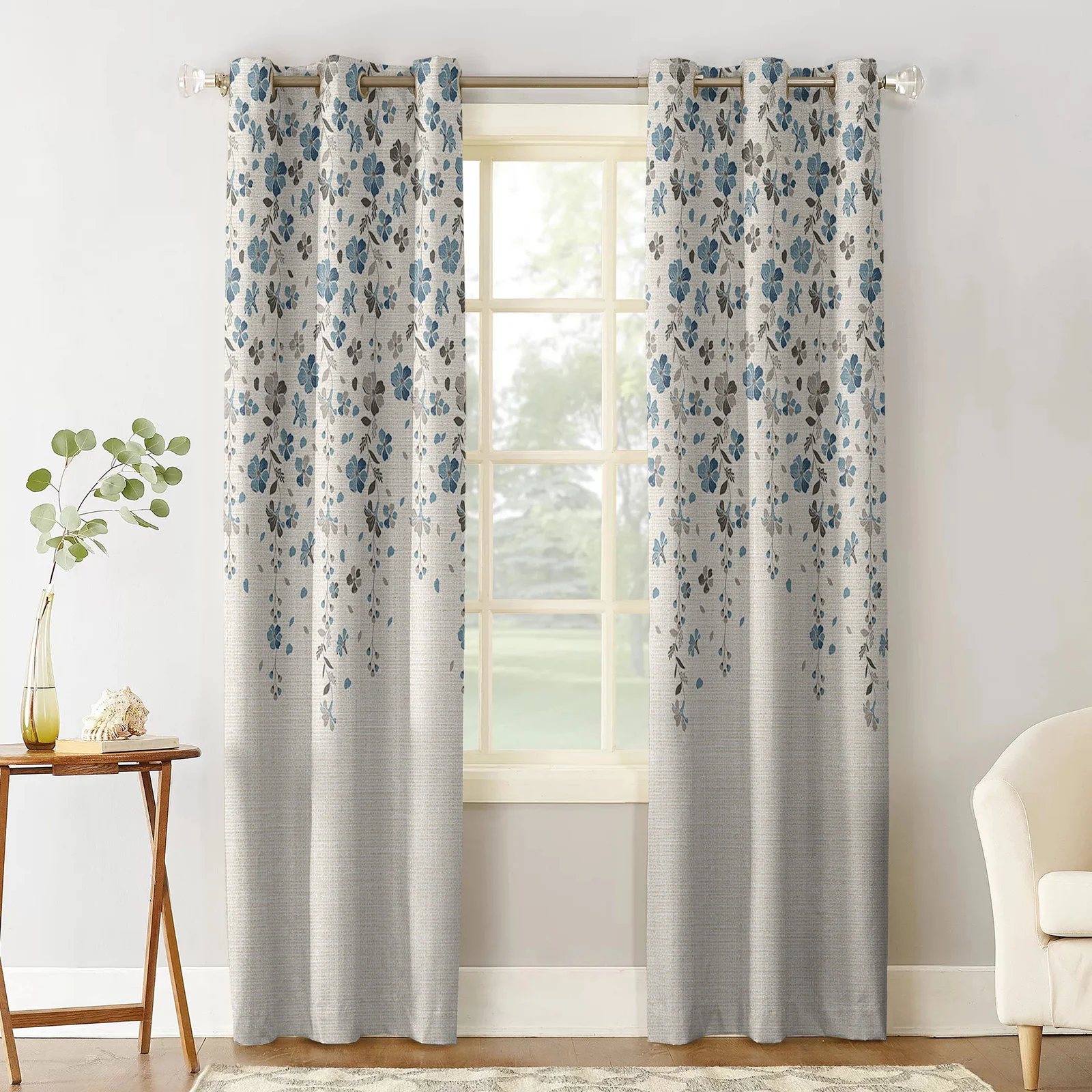 Blue Grey Flower Cotton Linen Modern Living Room Kitchen Window Curtains Home Bedroom Kids Room Decorative Curtains