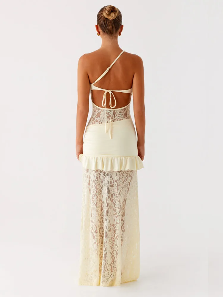 One Shoulder Sheer Lace Patchwork Maxi Dress Women's Backless Lacing Sexy Fashion Sleeveless Ruffles Long Dress Partywear