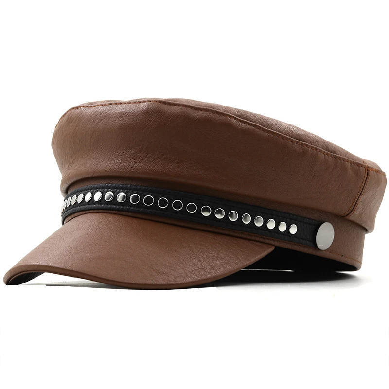 New Women Ladies Autumn Winter Beret Hat PU Leather British Style Flat Top Octagonal Cap Adjustable Female Hip Hop Hat