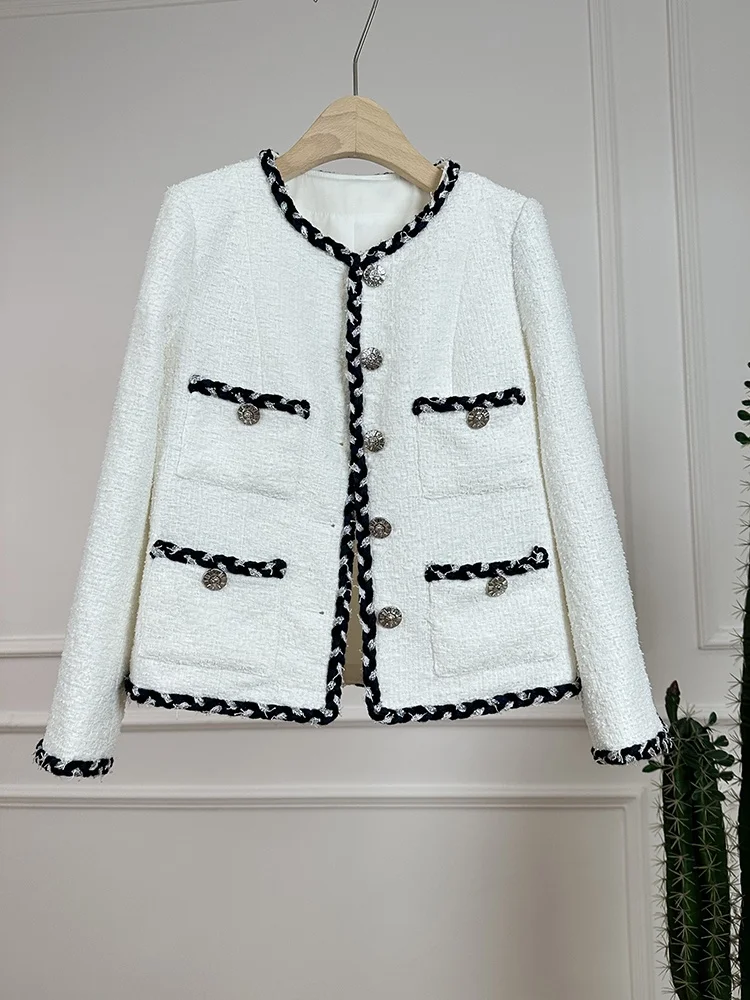 High Quality Small Fragrant Style Woolen Jacket Coat Women's Hand Woven Temperament Single Breasted Round Neck Outwear