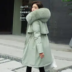 Winter Women Long Parkas Furry Hood Long Sleeves Pockets Knee Length Jacket Thick Plush Lining Zipper Button Closure Cotton Coat