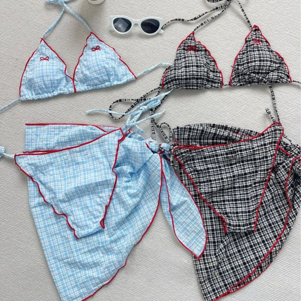 Bowknot شبكة أكمام ملابس السباحة الدانتيل يصل سليم صالح بيكيني المايوه مطوي بحر الملابس ثلاث قطع ملابس السباحة مجموعة