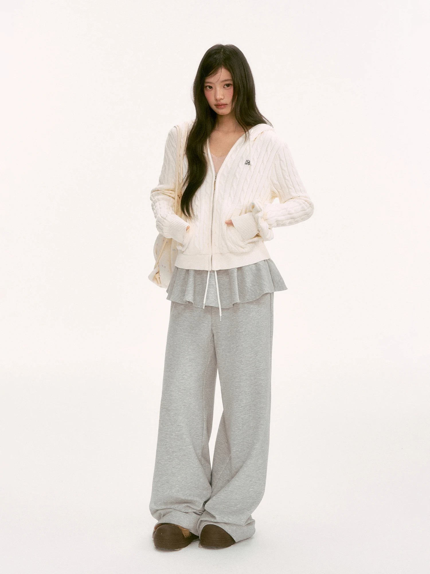 

Вязаное корейское пальто-кардиган Wedhub с капюшоном для женщин, с узором «косы», на молнии, из смесового хлопка, с длинными рукавами