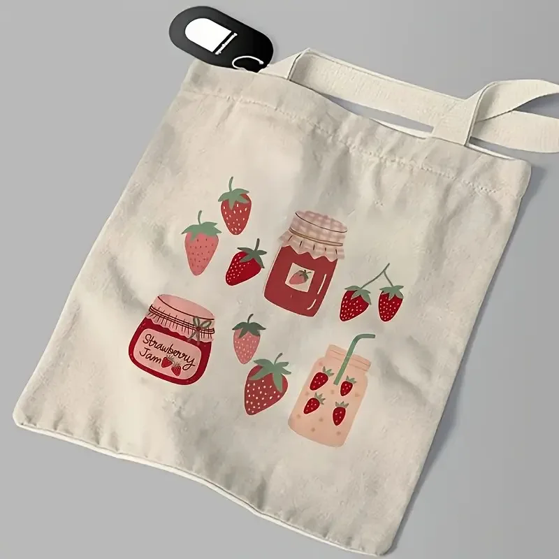 Honey Lady Strawberry Tote Bag - Reusable Shoulder Bag with Fixed Shoulder Strap, Fade-Resistant, Light Beige with Strawberry and Honeycomb Design, Suitable for Any Occasion, Shopping Tote Bag |   Honeycomb Pattern |   Durable Shoulder Bag