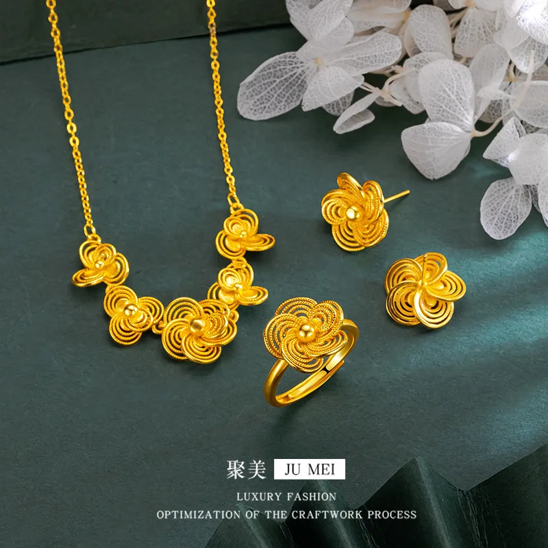 

Viora Jewelry Luxury 24K 9999 Pure Gold real gold Silk Flower Rhyme 3 Pieces suit Set Chain Women's Ring Earrings Wedding Jewelr