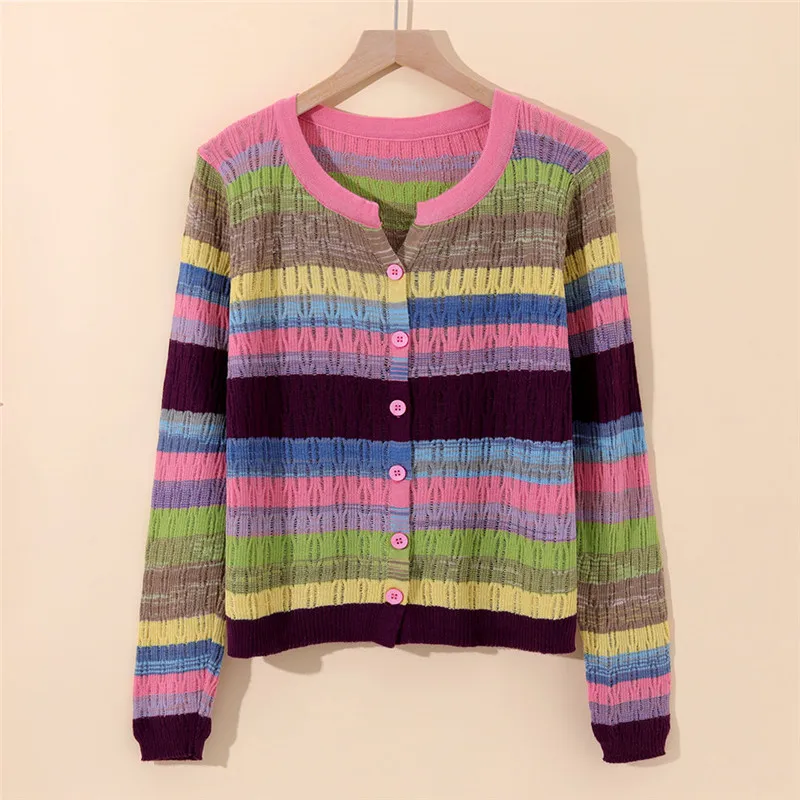 Fashion Knitted Cardigan Sweater For Women 2024 New Spring Autumn Color Striped Long Sleeved V-Neck Knitwear Female Top Jacket