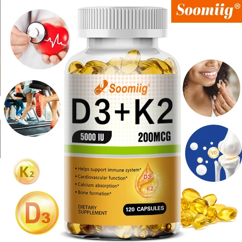 Vitamin D3+K2 Capsules - Vitamin D 5000IU Vitamin K2 (200MCG) - Immune Support Supplement, Bone and Joint Health