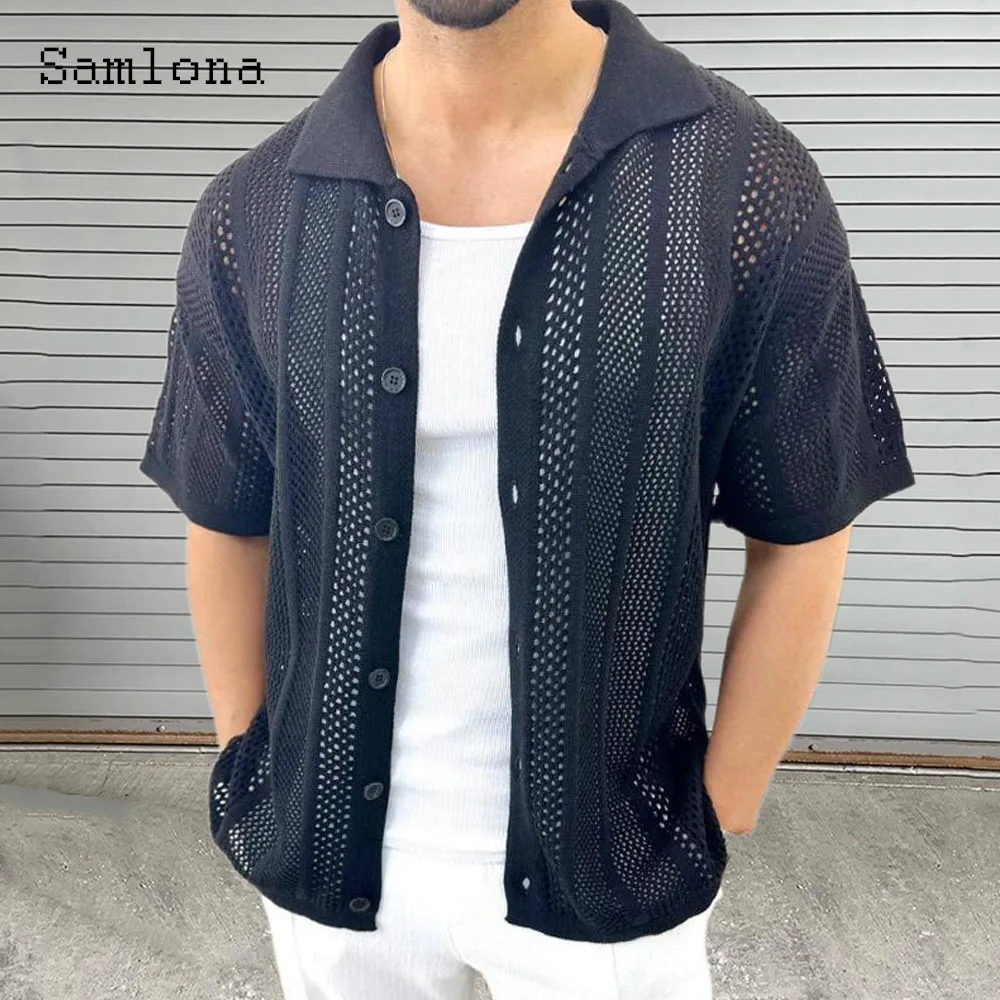 2024 Summer New Knitting Blouse Solid White Comfy Hollow Out Shirt Men Short Sleeve Beach Top Cardigans Lepal Collar Knitwear