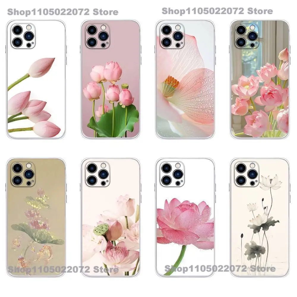 

Elegant Fashion Flowers Pink Lotus Poetic Phone Case For iPhone 17 16,15,14,13,12,Plus,Pro,Max,XR,Plus,E,Mini Transparent Cover