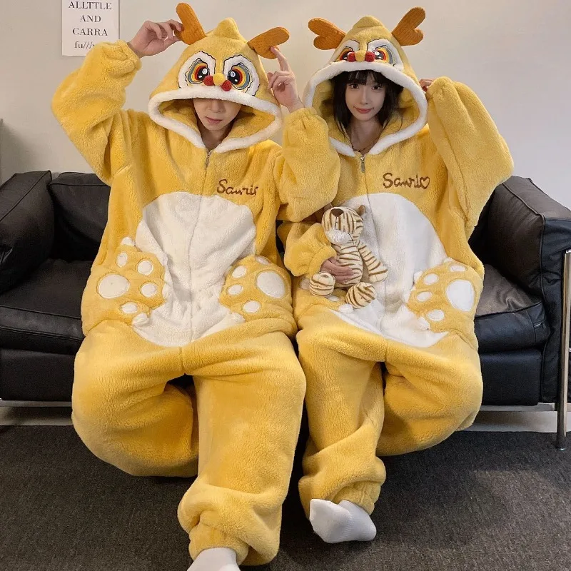 

Kigurumi Cartoon Dragon Onesie Pajamas Adult Men Women Cute Coral Fleece Sleepwear Warm Thick Homewear Jumpsuits Robe Nightgown