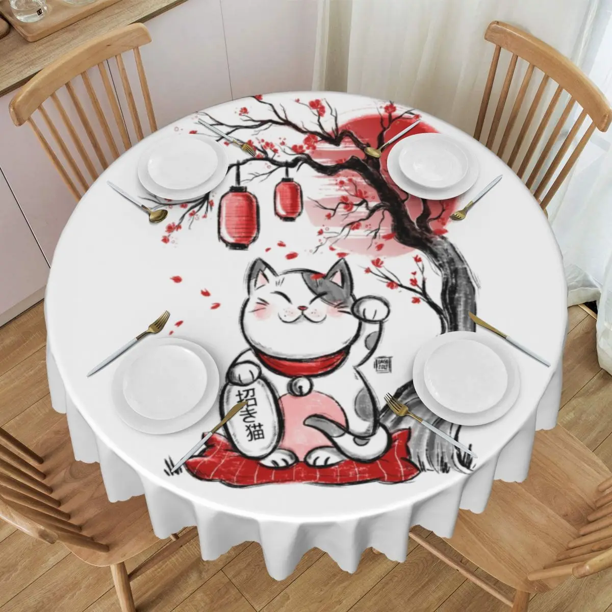 Round Maneki Neko Sakura Flowers Tablecloth Waterproof Oil-Proof Table Covers 60 inch Lucky Cat Cherry Blossom Table Cloth