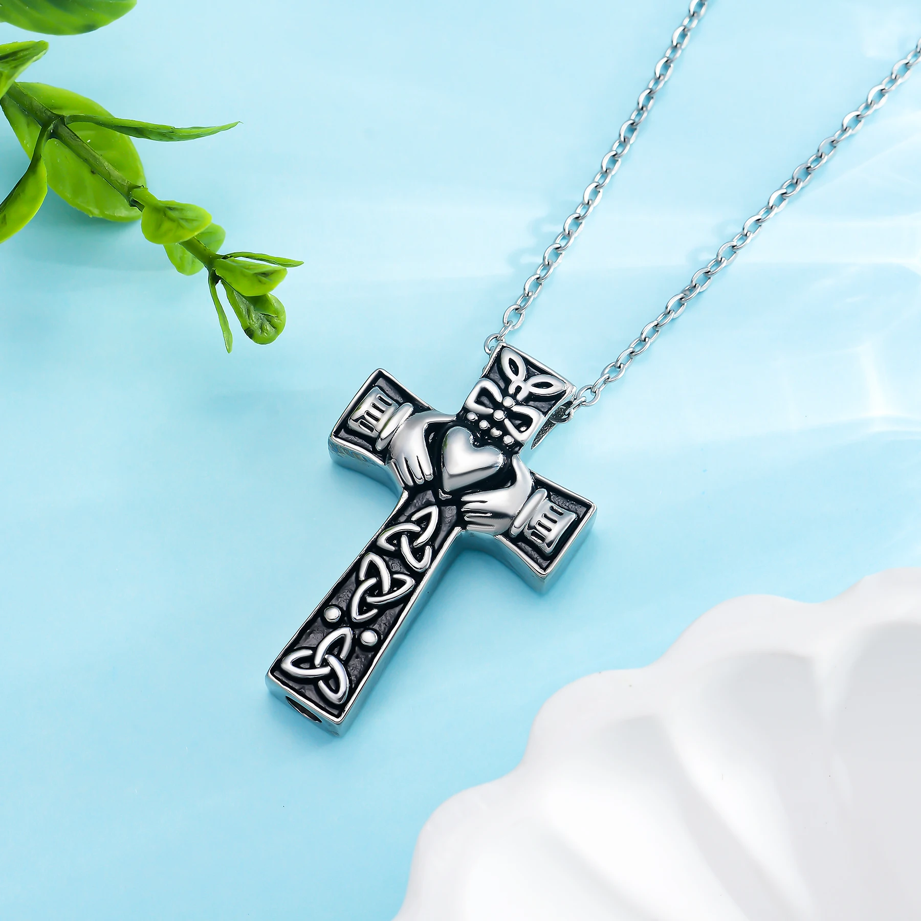 Silver Celtic Cross Urn Necklace Irish Claddagh Pendant Jewelry for Ashes Men Women Cremation Jewelry
