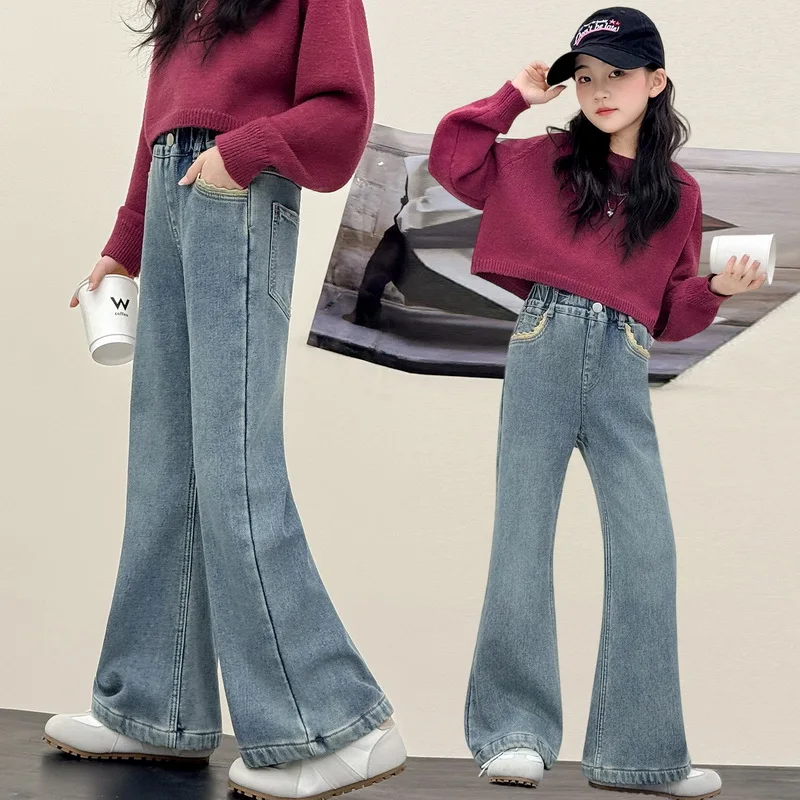 Children High Fashion Flared Jeans with Pocket Lace for Teenage Girl Street Denim Pants Kids Trendy Boot Cut Trousers 5-14Y