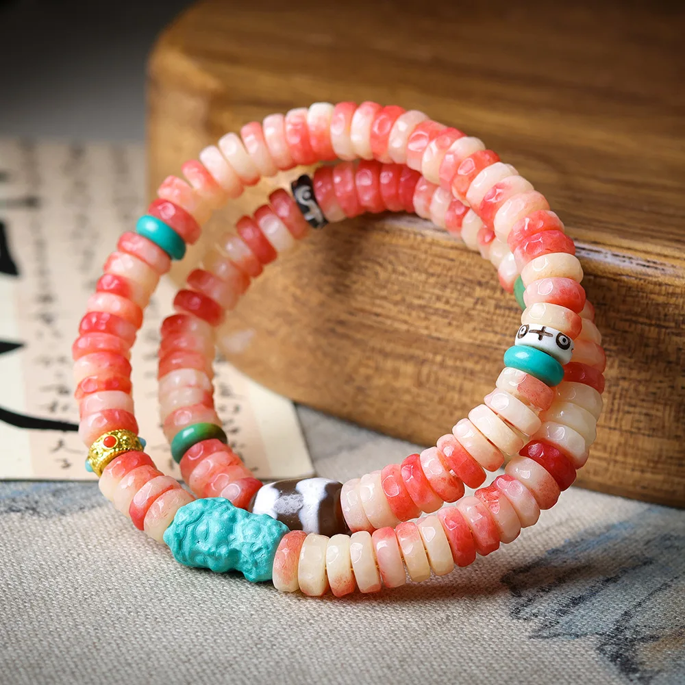 Double Loop Bracelet with Full Blood Bone and Dzi Bead of Zakiram Tiger Tooth Chinese Style Hand String for Gifts