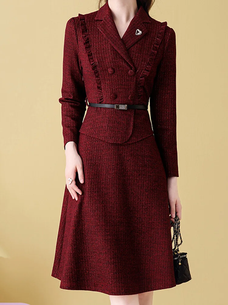 ITOOLIN Vintage Damen Weinkleid mit Gürtel Langärmliges Casual Büro A-Linien-Kleid mit Knöpfen Party-Vestido für Frauen Frühling 2025