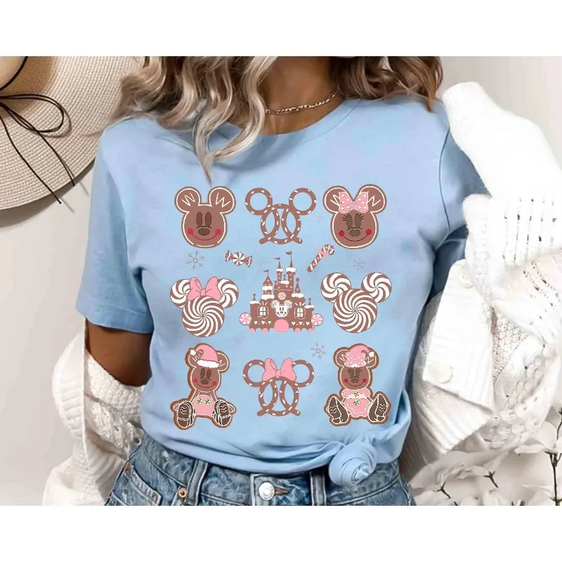 Camicia rosa natalizia con fiocco coquette Topolino e Minnie Gingerbread Castle Camicia unisex con fondo per tutte le stagioni in puro cotone