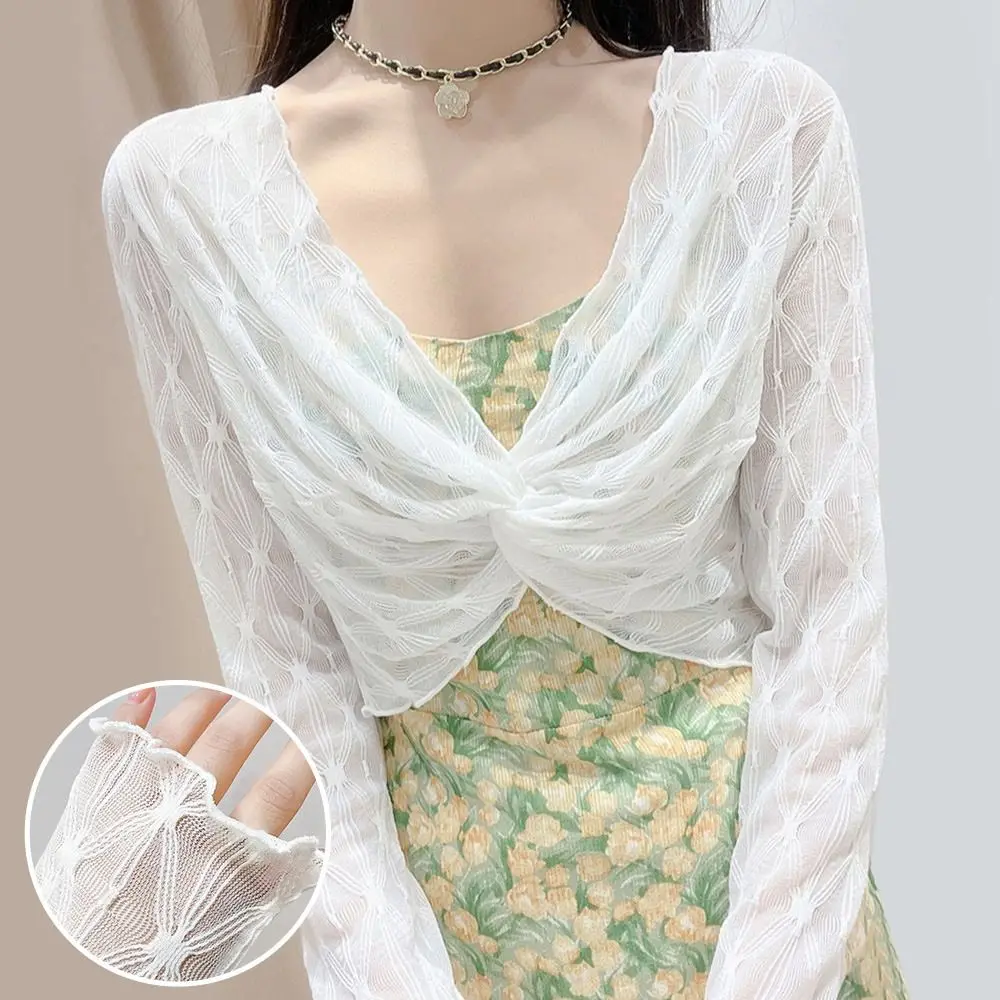 

New Thin Mesh Shawl Sun Protection Long Sleeved Tank Top Wood Ear Edge Chic Lace Top Women Clothing