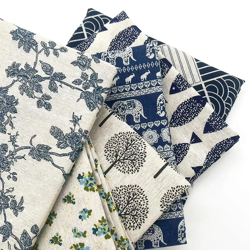 Vintage Blue Floral Cotton Linen Fabric, DIY Sewing Material for Tablecloth Sofa Cover Curtain Home Decor