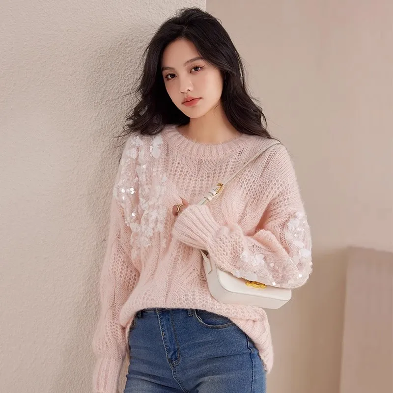 JSXDHK New Arrival Pink Sequins Mohair Knitted Pullover Sweet Fashion Designer Women O Neck Hollow Out Soft Loose Sweater Tops