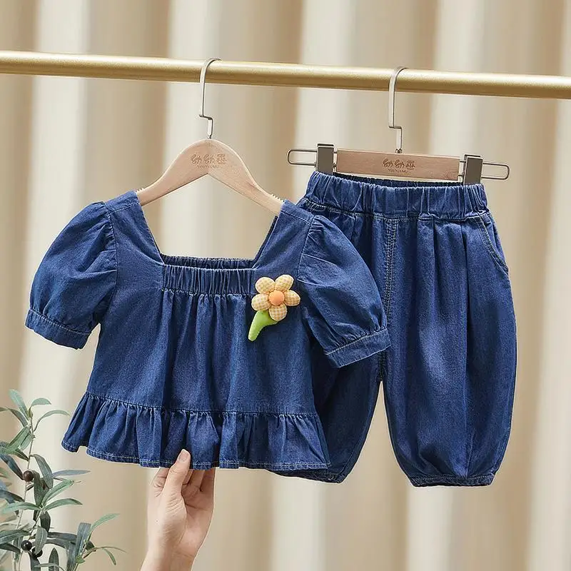 2023 New Summer Girls Boby Kids Casual Denim shirt and trousers pants Set Comfortable Cute Baby Clothes Children Clothing