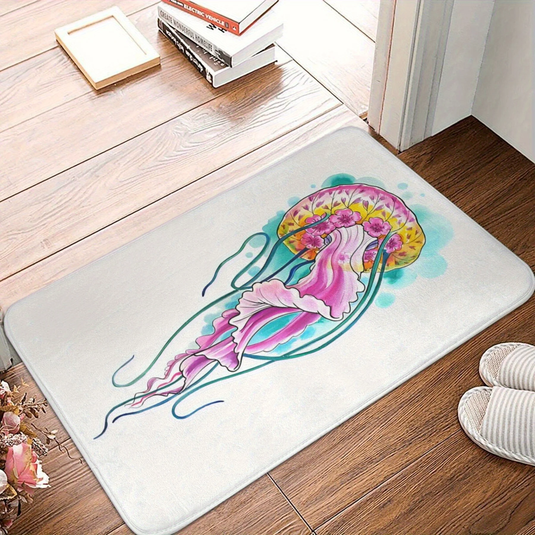 Fashion Floral Jellyfish Watercolor Bathroom Mat- Lightweight, Machine Washable Polyester Mat, Perfect Home Decor Choice, Suitab