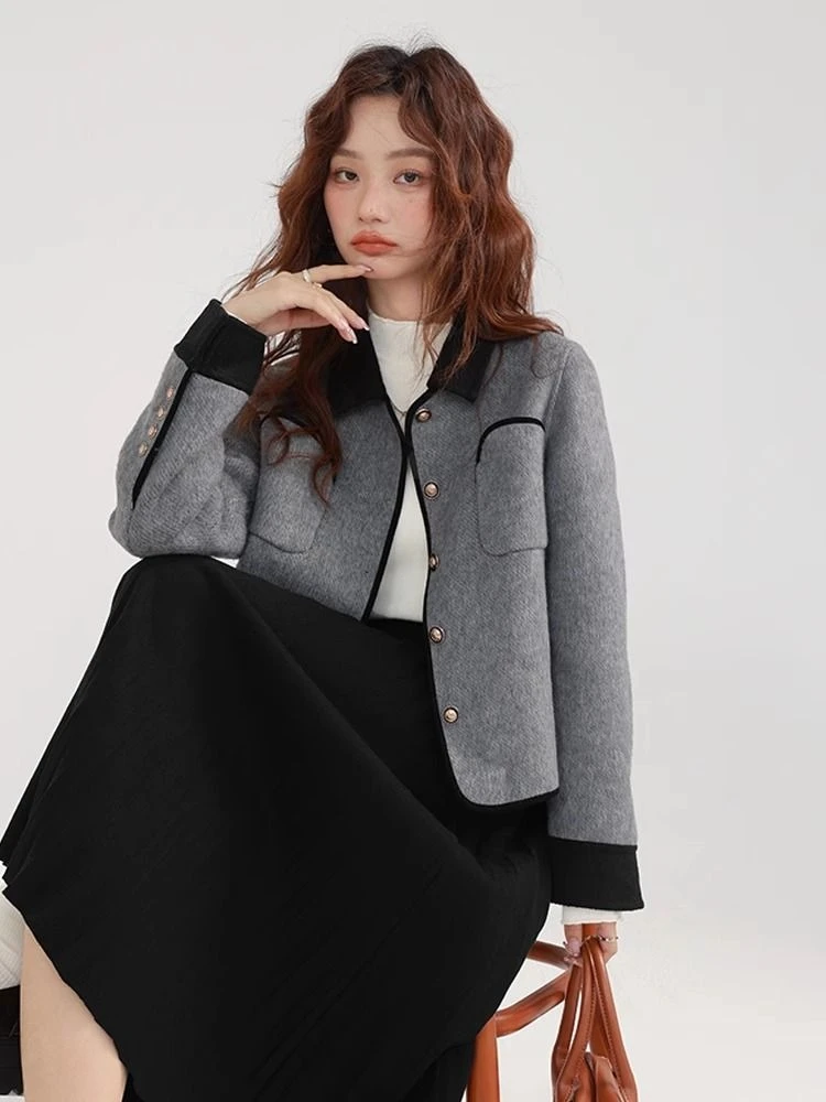 معطف نسائي عصري للخريف والشتاء كبير الحجم من مزيج الصوف قصير فضفاض مناسب كتلة الألوان تصميم دافئ مبطن بالفرو الصناعي #3