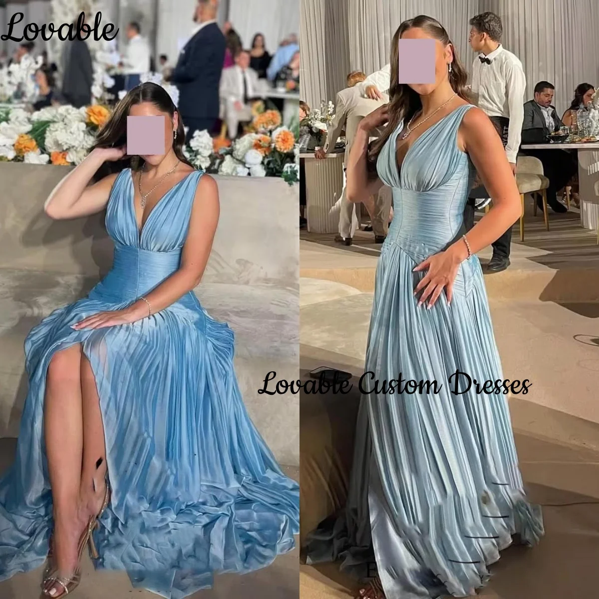 

Evening Dresses Customize A-Line Split Deep V-Neck Floor-Length Dress Women Elegant Luxury Ruffle Zipper Up Sleeveless فستان حفل