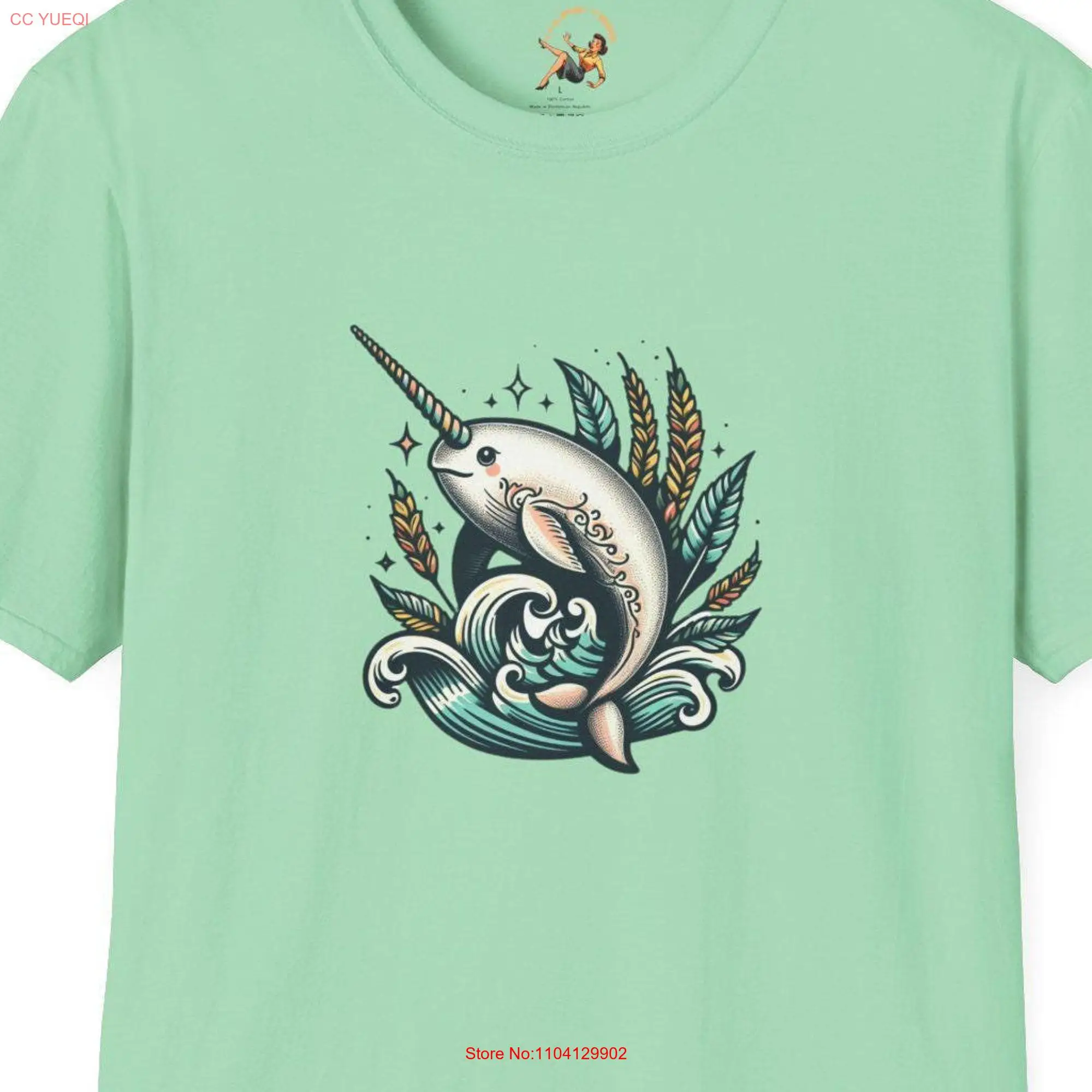 Narwhal T Shirt Cute Animal Retro Tattoo Vintage Tat Ocean Mammals Unicron long or short sleeves