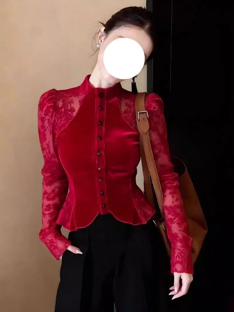 

Корейская женская модная бархатная блузка с длинными рукавами-фонариками и воротником-стойкой, красная, весенняя новинка, элегантный топ
