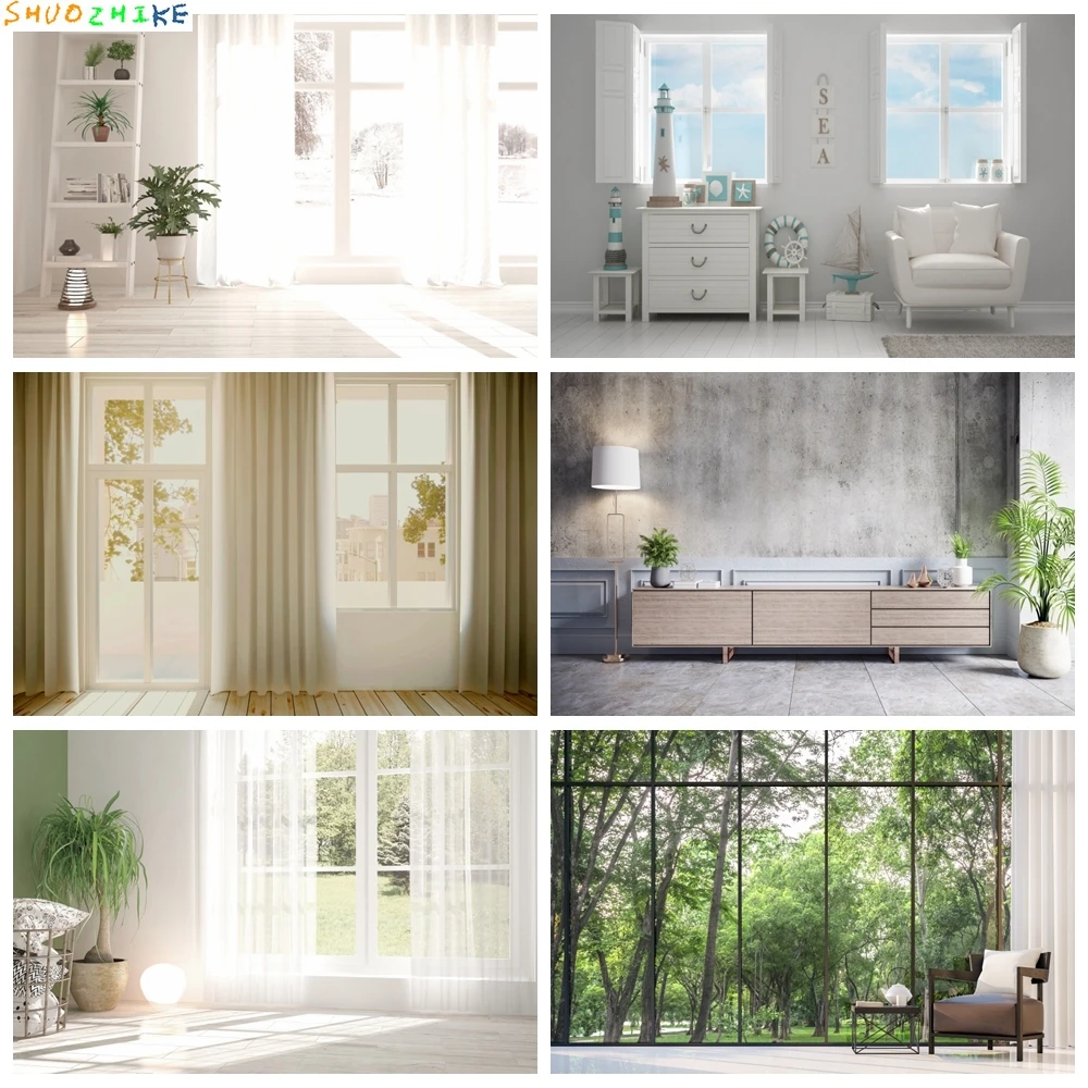 

White House Room Interior Decor Curtain Window Green Forest Photography Backdrops Photo Backgrounds For Photo Studio