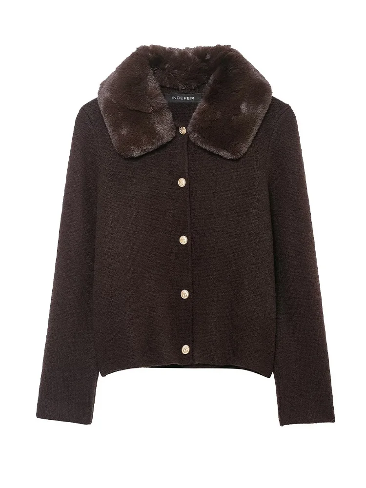 

HH Women Versatile Solid Faux Fur Effect Lapel Elegant Jacket Autumn Women High Street Casual Single-breasted Knitted Sweater