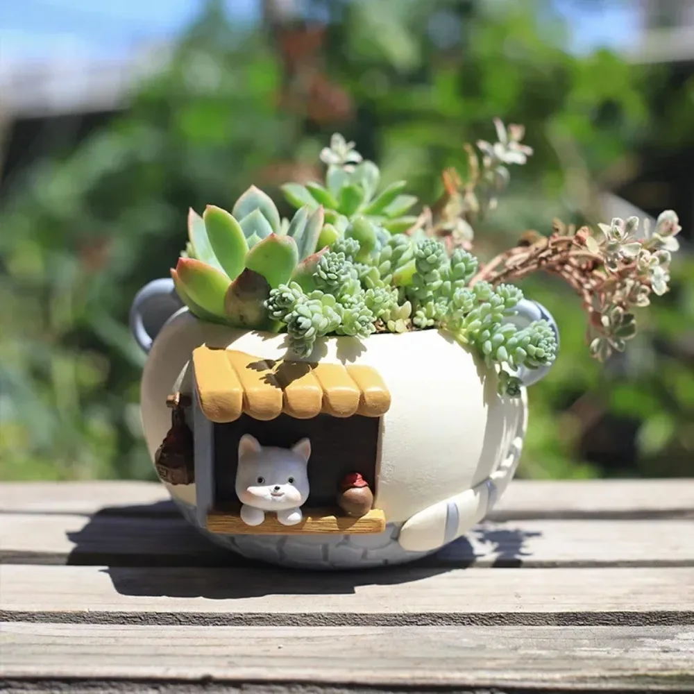 Cute Kitty Fox Small Plant Pot Resin Succulent Planter for Home Office Desk Mini Ornament Fairy Garden Flowerpot Decoration