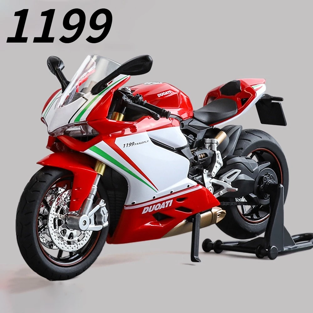 1:12 1199 V4S レーシングバイクモデルおもちゃ車 合金ボディ 衝撃吸収 サウンドライト フリーホイール モーターモデル 子供向けホリデーギフト