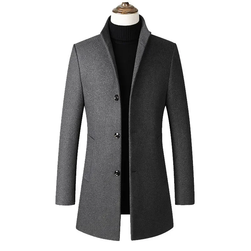 LIBIELIY Medium-Length Men's Jacket European Style Single-Breasted Solid Color Simple Stand Collar Woolen Coat Autumn/Winter Sea